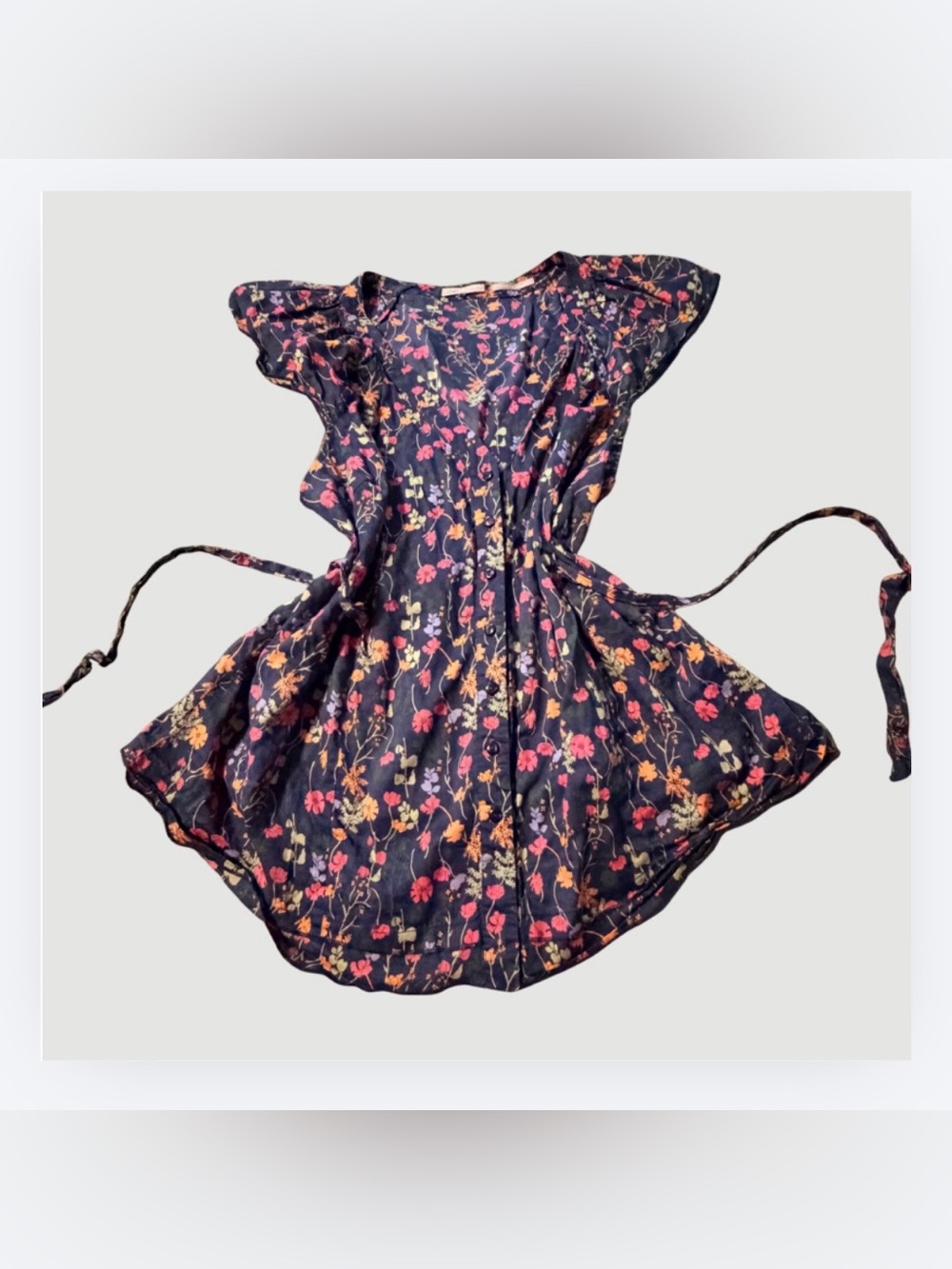 Old Navy Sheer Navy Floral Flutter-Sleeve Blouse, Tie-back Waist, Size XL